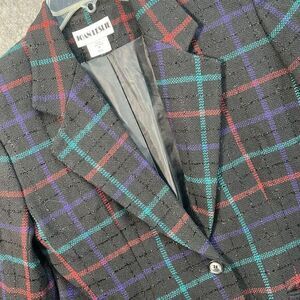 Joan‎ Leslie 4P Vintage Wool Blend Tartan Plaid Tweed Rero Single Button Blazer